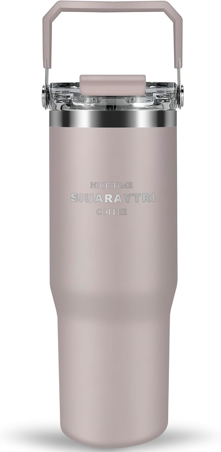 30 oz Insulated Tumbler with Handle and Flip Straw Lid - 100% Leak Proof Stainless Steel Water Bottle - Vacuum Sealed Travel Mug for Iced Coffee & Tea - Cupholder Friendly & BPA Free (Brown)