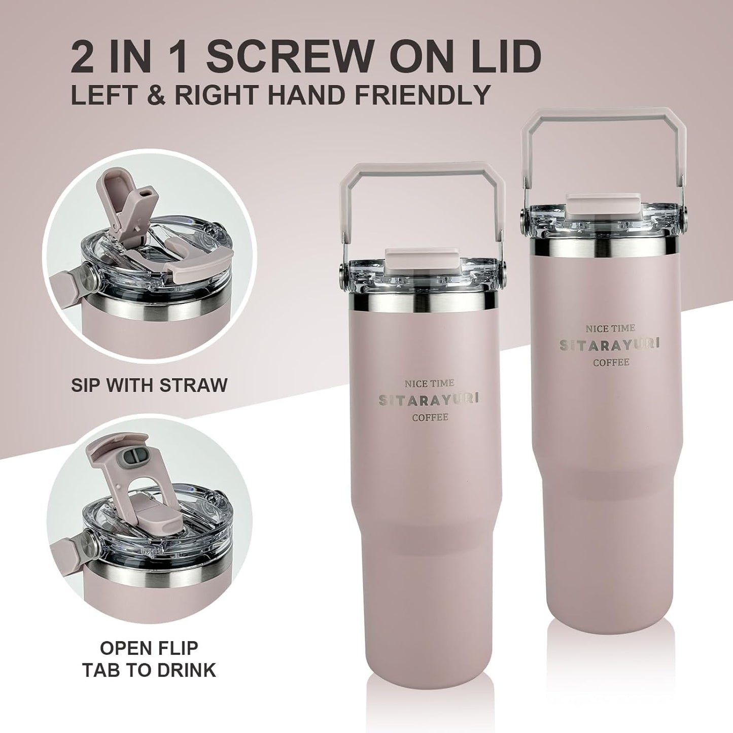 30 oz Insulated Tumbler with Handle and Flip Straw Lid - 100% Leak Proof Stainless Steel Water Bottle - Vacuum Sealed Travel Mug for Iced Coffee & Tea - Cupholder Friendly & BPA Free (Brown)