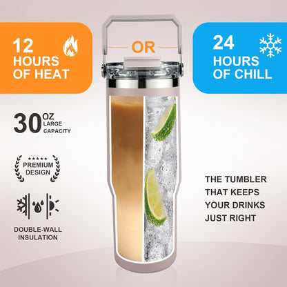 30 oz Insulated Tumbler with Handle and Flip Straw Lid - 100% Leak Proof Stainless Steel Water Bottle - Vacuum Sealed Travel Mug for Iced Coffee & Tea - Cupholder Friendly & BPA Free (Brown)
