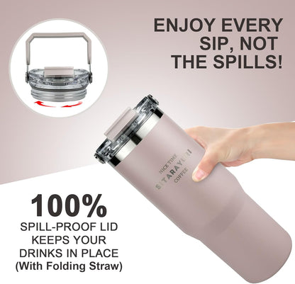 30 oz Insulated Tumbler with Handle and Flip Straw Lid - 100% Leak Proof Stainless Steel Water Bottle - Vacuum Sealed Travel Mug for Iced Coffee & Tea - Cupholder Friendly & BPA Free (Brown)