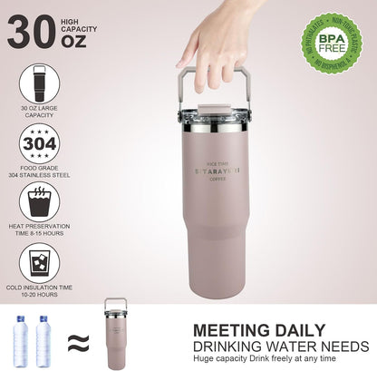 30 oz Insulated Tumbler with Handle and Flip Straw Lid - 100% Leak Proof Stainless Steel Water Bottle - Vacuum Sealed Travel Mug for Iced Coffee & Tea - Cupholder Friendly & BPA Free (Brown)