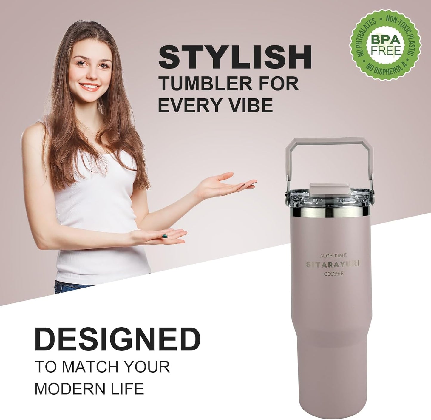 30 oz Insulated Tumbler with Handle and Flip Straw Lid - 100% Leak Proof Stainless Steel Water Bottle - Vacuum Sealed Travel Mug for Iced Coffee & Tea - Cupholder Friendly & BPA Free (Brown)