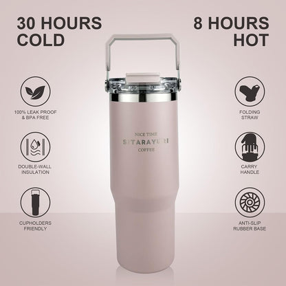 30 oz Insulated Tumbler with Handle and Flip Straw Lid - 100% Leak Proof Stainless Steel Water Bottle - Vacuum Sealed Travel Mug for Iced Coffee & Tea - Cupholder Friendly & BPA Free (Brown)