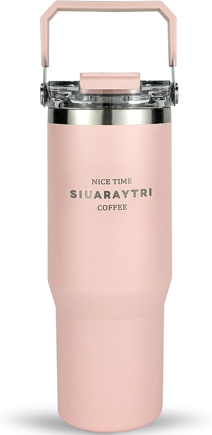 30 oz Insulated Tumbler with Handle and Flip Straw Lid - 100% Leak Proof Stainless Steel Water Bottle - Vacuum Sealed Travel Mug for Iced Coffee & Tea - Cupholder Friendly & BPA Free (Brown)
