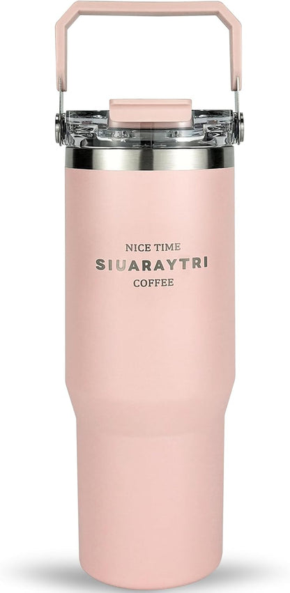30 oz Insulated Tumbler with Handle and Flip Straw Lid - 100% Leak Proof Stainless Steel Water Bottle - Vacuum Sealed Travel Mug for Iced Coffee & Tea - Cupholder Friendly & BPA Free (Brown)