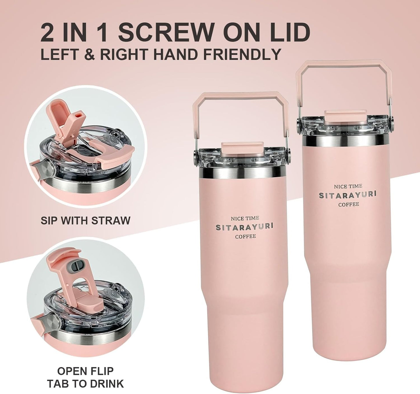 30 oz Insulated Tumbler with Handle and Flip Straw Lid - 100% Leak Proof Stainless Steel Water Bottle - Vacuum Sealed Travel Mug for Iced Coffee & Tea - Cupholder Friendly & BPA Free (Brown)