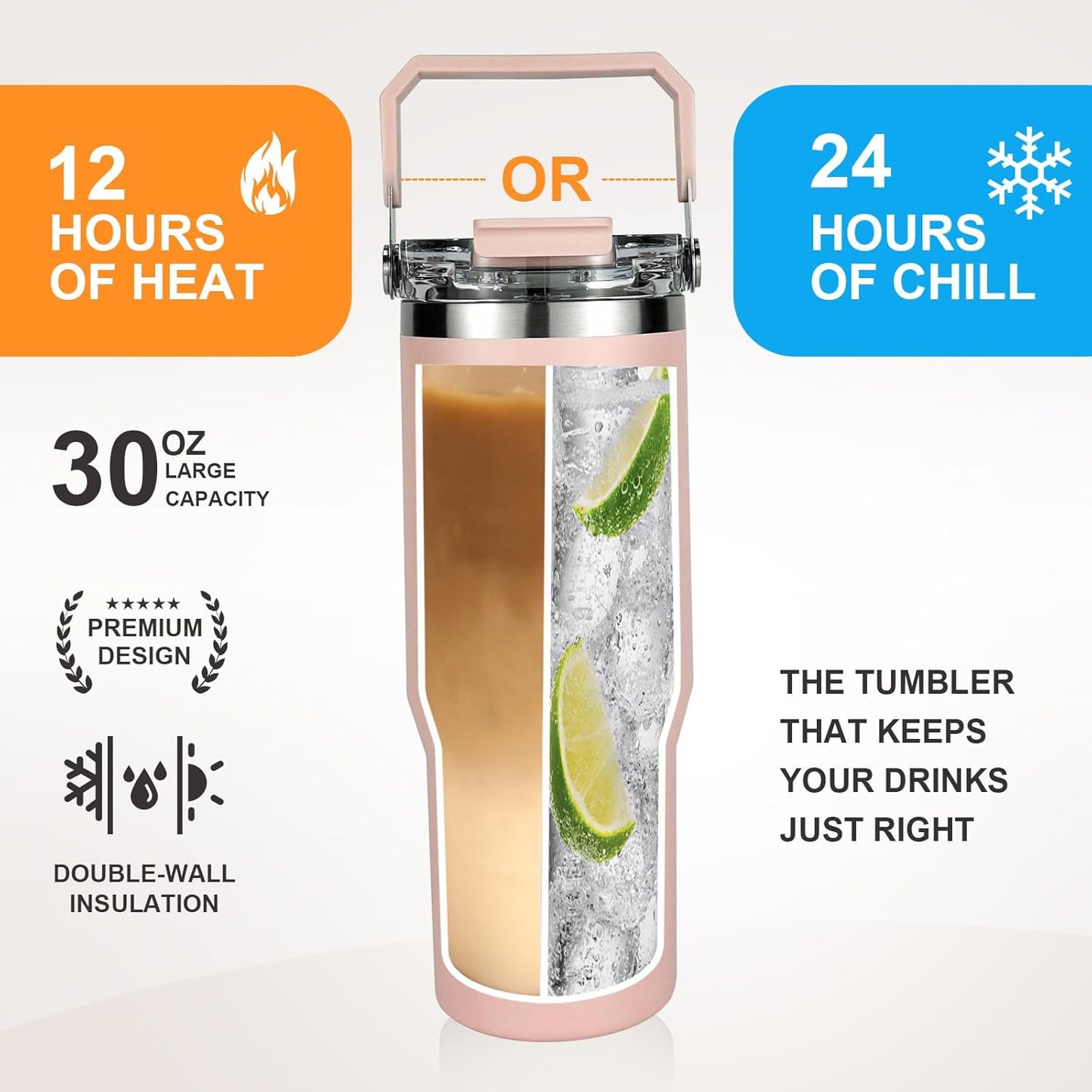 30 oz Insulated Tumbler with Handle and Flip Straw Lid - 100% Leak Proof Stainless Steel Water Bottle - Vacuum Sealed Travel Mug for Iced Coffee & Tea - Cupholder Friendly & BPA Free (Brown)