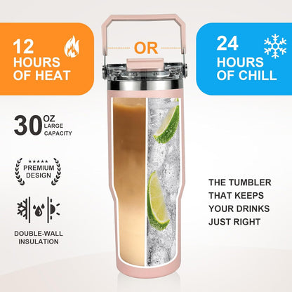 30 oz Insulated Tumbler with Handle and Flip Straw Lid - 100% Leak Proof Stainless Steel Water Bottle - Vacuum Sealed Travel Mug for Iced Coffee & Tea - Cupholder Friendly & BPA Free (Brown)