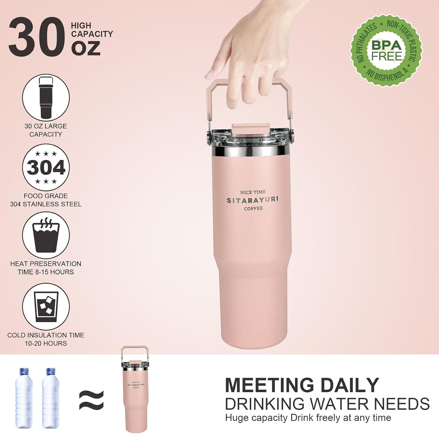 30 oz Insulated Tumbler with Handle and Flip Straw Lid - 100% Leak Proof Stainless Steel Water Bottle - Vacuum Sealed Travel Mug for Iced Coffee & Tea - Cupholder Friendly & BPA Free (Brown)