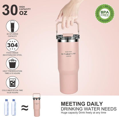 30 oz Insulated Tumbler with Handle and Flip Straw Lid - 100% Leak Proof Stainless Steel Water Bottle - Vacuum Sealed Travel Mug for Iced Coffee & Tea - Cupholder Friendly & BPA Free (Brown)