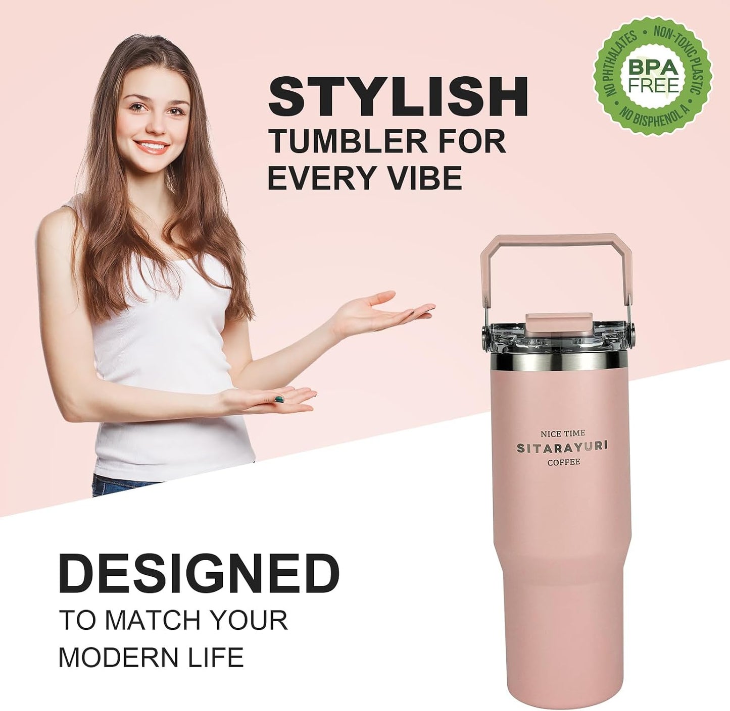 30 oz Insulated Tumbler with Handle and Flip Straw Lid - 100% Leak Proof Stainless Steel Water Bottle - Vacuum Sealed Travel Mug for Iced Coffee & Tea - Cupholder Friendly & BPA Free (Brown)