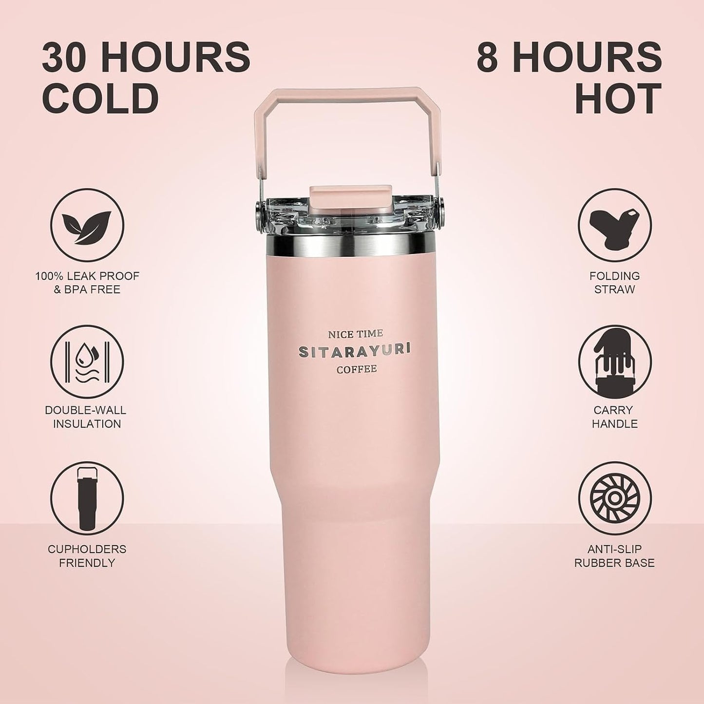 30 oz Insulated Tumbler with Handle and Flip Straw Lid - 100% Leak Proof Stainless Steel Water Bottle - Vacuum Sealed Travel Mug for Iced Coffee & Tea - Cupholder Friendly & BPA Free (Brown)