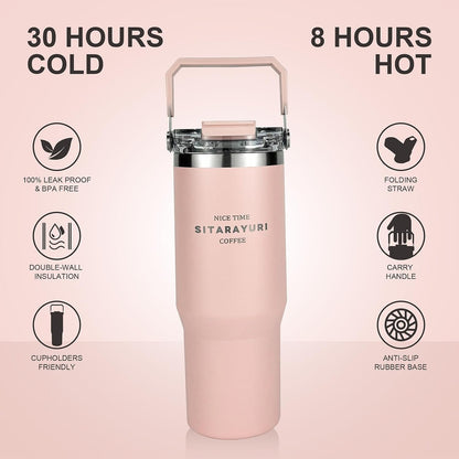 30 oz Insulated Tumbler with Handle and Flip Straw Lid - 100% Leak Proof Stainless Steel Water Bottle - Vacuum Sealed Travel Mug for Iced Coffee & Tea - Cupholder Friendly & BPA Free (Brown)