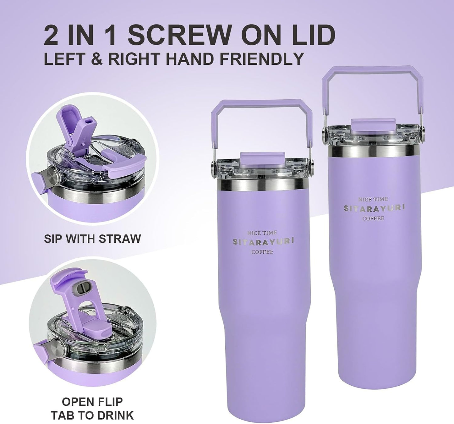 30 oz Insulated Tumbler with Handle and Flip Straw Lid - 100% Leak Proof Stainless Steel Water Bottle - Vacuum Sealed Travel Mug for Iced Coffee & Tea - Cupholder Friendly & BPA Free (Brown)