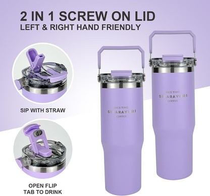 30 oz Insulated Tumbler with Handle and Flip Straw Lid - 100% Leak Proof Stainless Steel Water Bottle - Vacuum Sealed Travel Mug for Iced Coffee & Tea - Cupholder Friendly & BPA Free (Brown)