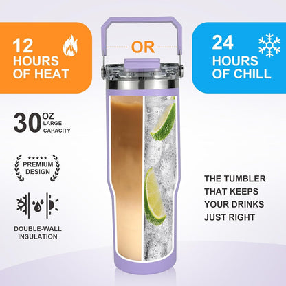 30 oz Insulated Tumbler with Handle and Flip Straw Lid - 100% Leak Proof Stainless Steel Water Bottle - Vacuum Sealed Travel Mug for Iced Coffee & Tea - Cupholder Friendly & BPA Free (Brown)