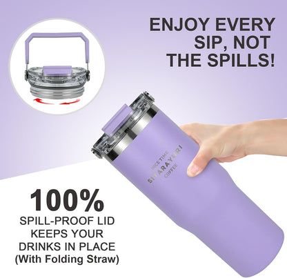 30 oz Insulated Tumbler with Handle and Flip Straw Lid - 100% Leak Proof Stainless Steel Water Bottle - Vacuum Sealed Travel Mug for Iced Coffee & Tea - Cupholder Friendly & BPA Free (Brown)