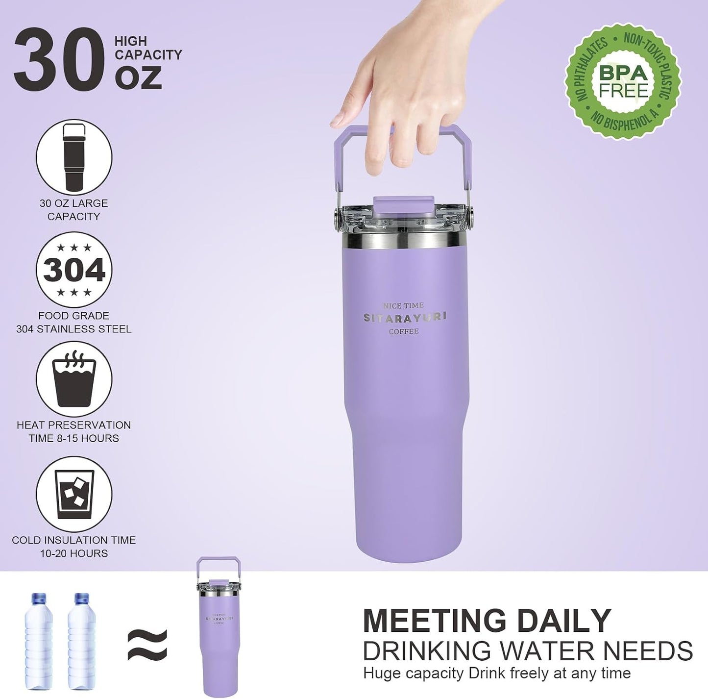 30 oz Insulated Tumbler with Handle and Flip Straw Lid - 100% Leak Proof Stainless Steel Water Bottle - Vacuum Sealed Travel Mug for Iced Coffee & Tea - Cupholder Friendly & BPA Free (Brown)
