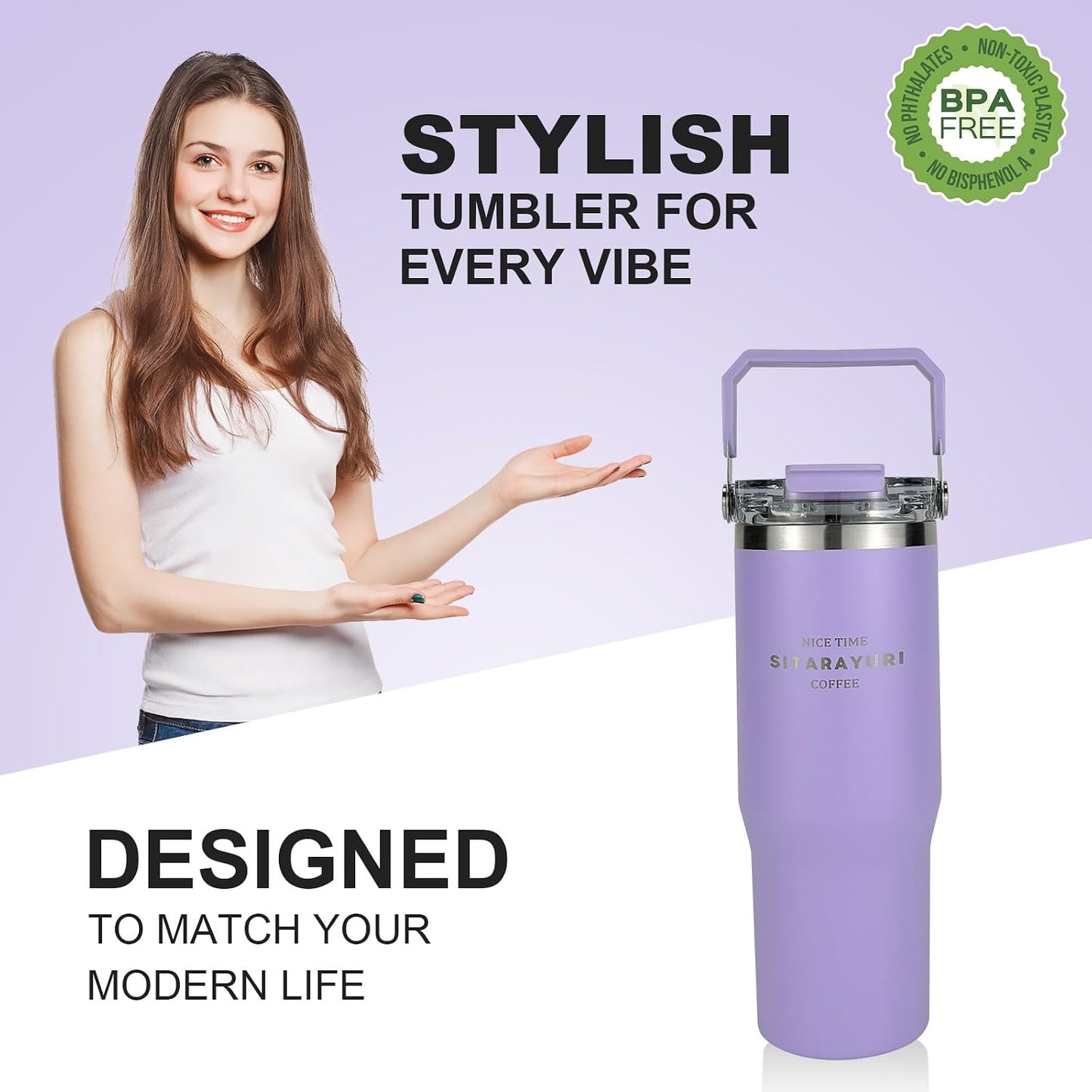 30 oz Insulated Tumbler with Handle and Flip Straw Lid - 100% Leak Proof Stainless Steel Water Bottle - Vacuum Sealed Travel Mug for Iced Coffee & Tea - Cupholder Friendly & BPA Free (Brown)