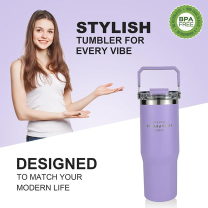 30 oz Insulated Tumbler with Handle and Flip Straw Lid - 100% Leak Proof Stainless Steel Water Bottle - Vacuum Sealed Travel Mug for Iced Coffee & Tea - Cupholder Friendly & BPA Free (Brown)