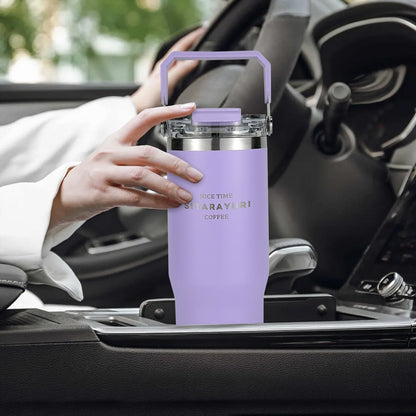 30 oz Insulated Tumbler with Handle and Flip Straw Lid - 100% Leak Proof Stainless Steel Water Bottle - Vacuum Sealed Travel Mug for Iced Coffee & Tea - Cupholder Friendly & BPA Free (Brown)