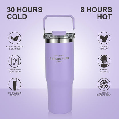 30 oz Insulated Tumbler with Handle and Flip Straw Lid - 100% Leak Proof Stainless Steel Water Bottle - Vacuum Sealed Travel Mug for Iced Coffee & Tea - Cupholder Friendly & BPA Free (Brown)
