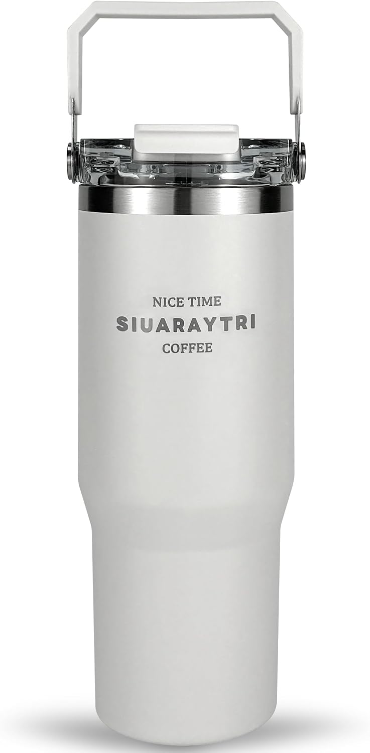 30 oz Insulated Tumbler with Handle and Flip Straw Lid - 100% Leak Proof Stainless Steel Water Bottle - Vacuum Sealed Travel Mug for Iced Coffee & Tea - Cupholder Friendly & BPA Free (Brown)