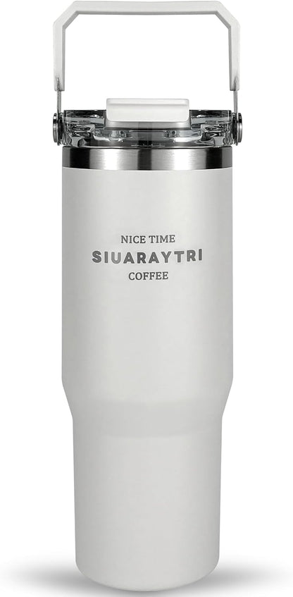 30 oz Insulated Tumbler with Handle and Flip Straw Lid - 100% Leak Proof Stainless Steel Water Bottle - Vacuum Sealed Travel Mug for Iced Coffee & Tea - Cupholder Friendly & BPA Free (Brown)