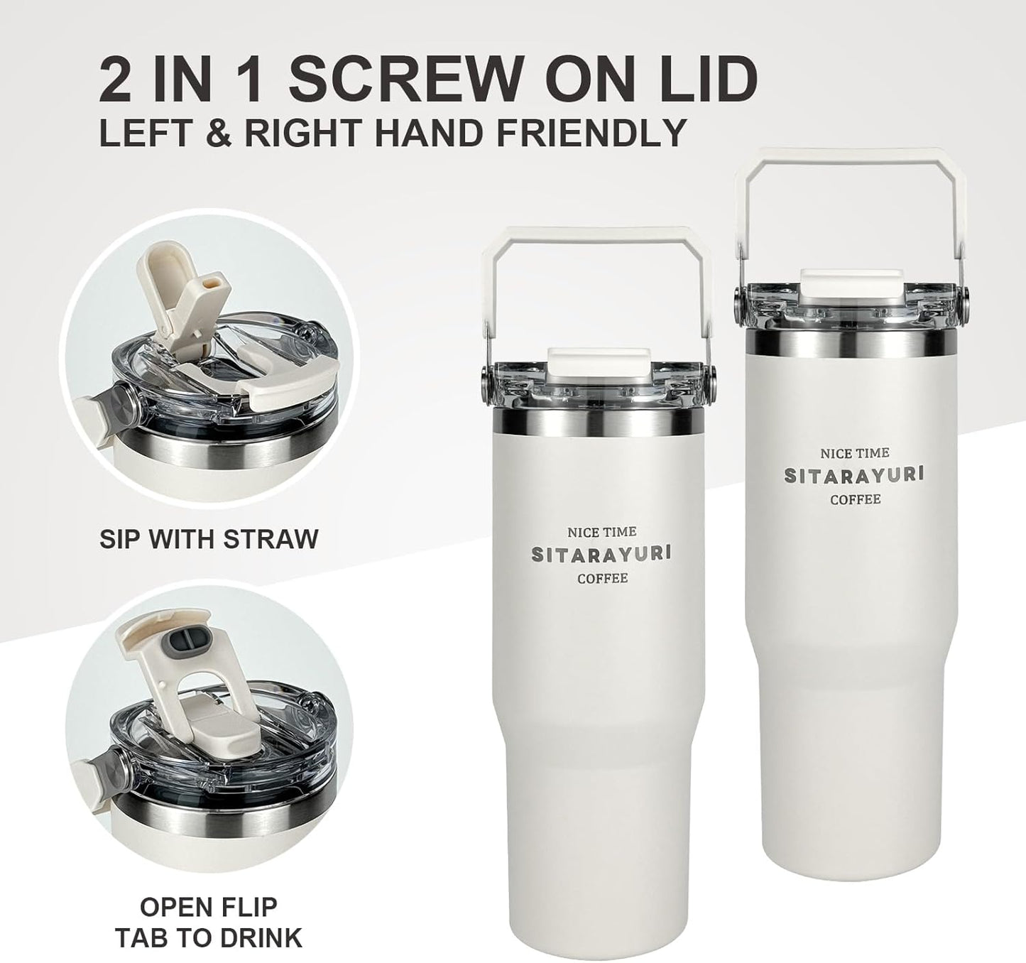 30 oz Insulated Tumbler with Handle and Flip Straw Lid - 100% Leak Proof Stainless Steel Water Bottle - Vacuum Sealed Travel Mug for Iced Coffee & Tea - Cupholder Friendly & BPA Free (Brown)