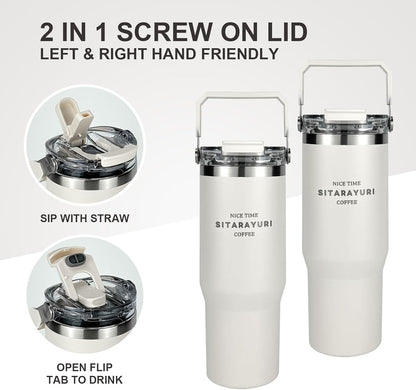 30 oz Insulated Tumbler with Handle and Flip Straw Lid - 100% Leak Proof Stainless Steel Water Bottle - Vacuum Sealed Travel Mug for Iced Coffee & Tea - Cupholder Friendly & BPA Free (Brown)