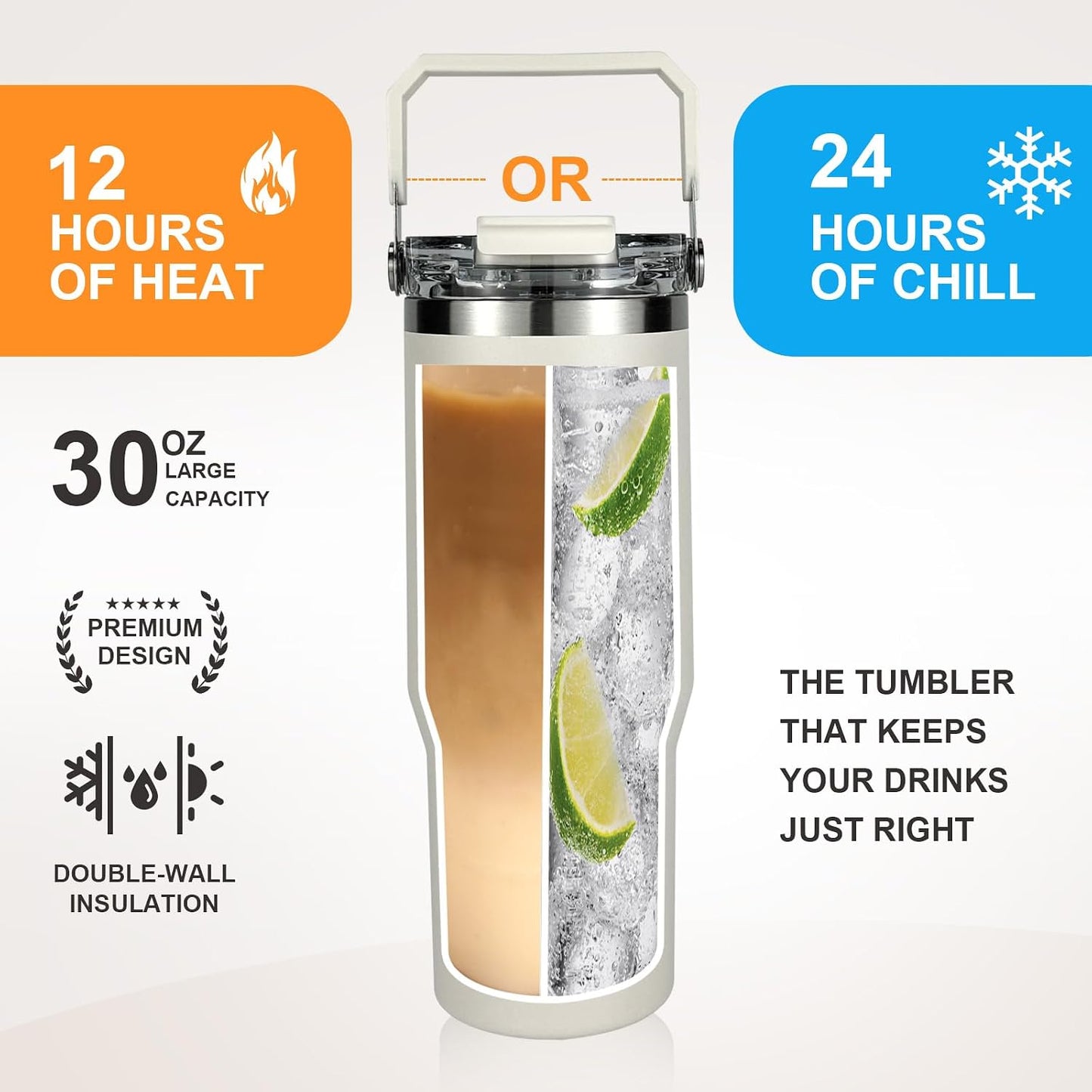 30 oz Insulated Tumbler with Handle and Flip Straw Lid - 100% Leak Proof Stainless Steel Water Bottle - Vacuum Sealed Travel Mug for Iced Coffee & Tea - Cupholder Friendly & BPA Free (Brown)