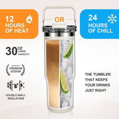 30 oz Insulated Tumbler with Handle and Flip Straw Lid - 100% Leak Proof Stainless Steel Water Bottle - Vacuum Sealed Travel Mug for Iced Coffee & Tea - Cupholder Friendly & BPA Free (Brown)