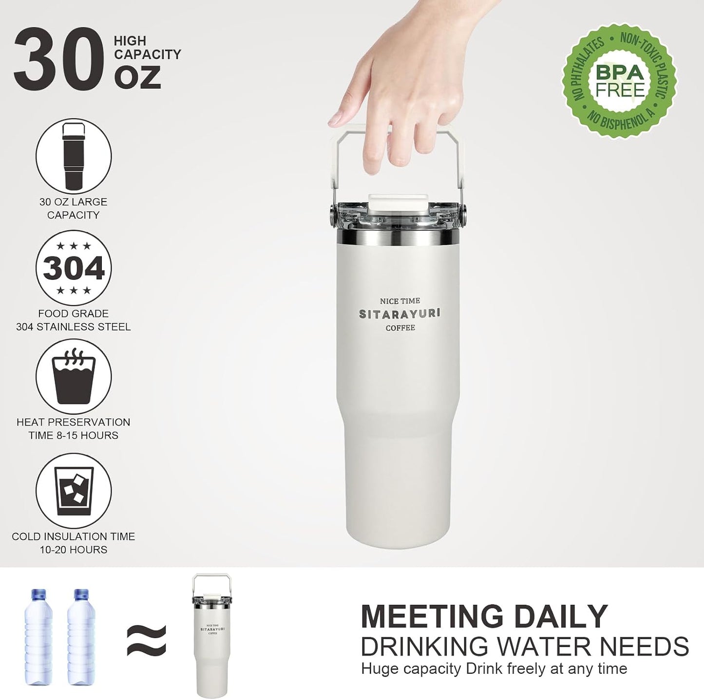 30 oz Insulated Tumbler with Handle and Flip Straw Lid - 100% Leak Proof Stainless Steel Water Bottle - Vacuum Sealed Travel Mug for Iced Coffee & Tea - Cupholder Friendly & BPA Free (Brown)