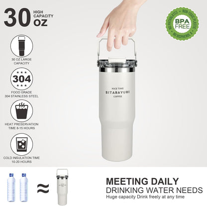30 oz Insulated Tumbler with Handle and Flip Straw Lid - 100% Leak Proof Stainless Steel Water Bottle - Vacuum Sealed Travel Mug for Iced Coffee & Tea - Cupholder Friendly & BPA Free (Brown)