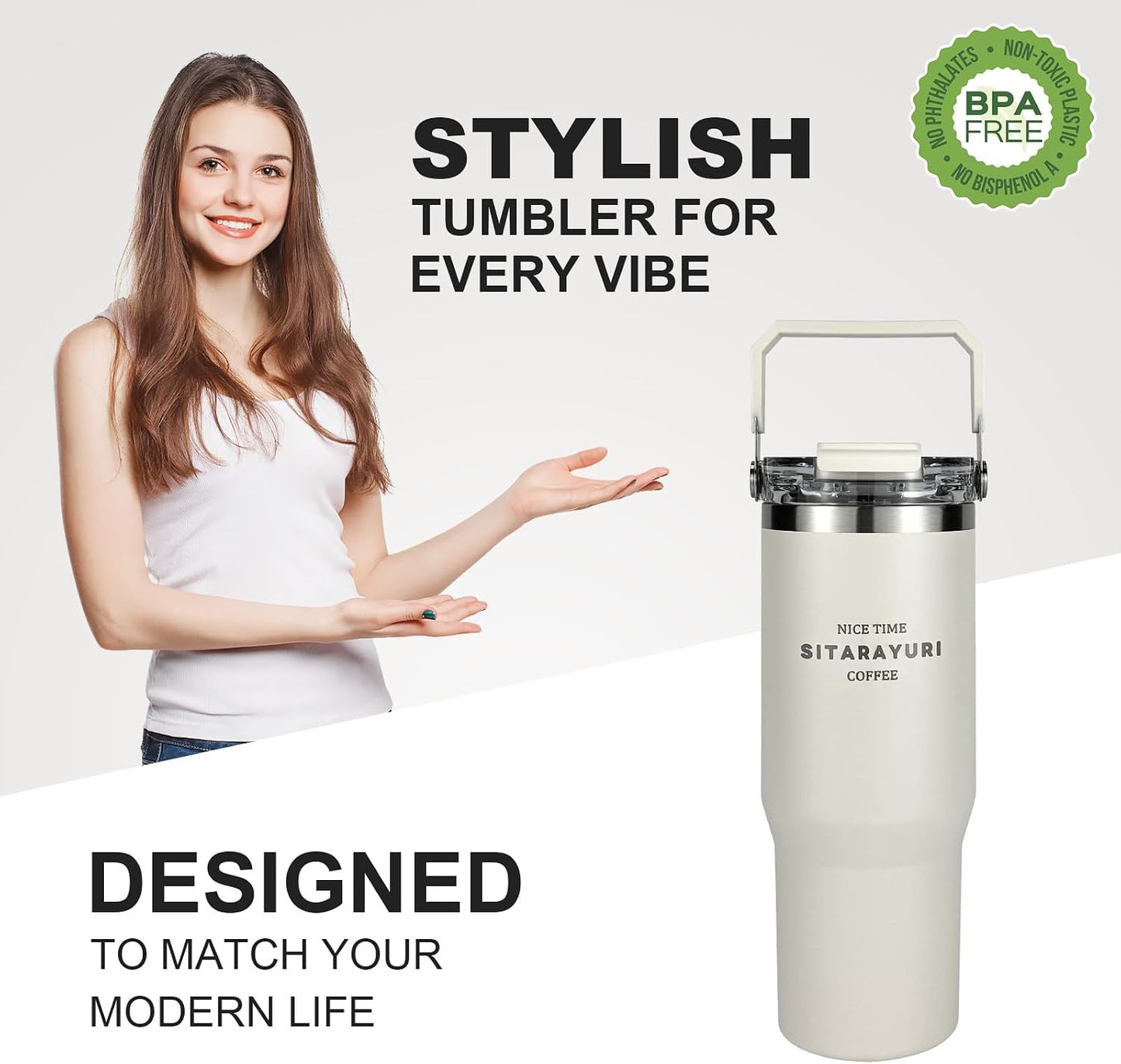 30 oz Insulated Tumbler with Handle and Flip Straw Lid - 100% Leak Proof Stainless Steel Water Bottle - Vacuum Sealed Travel Mug for Iced Coffee & Tea - Cupholder Friendly & BPA Free (Brown)
