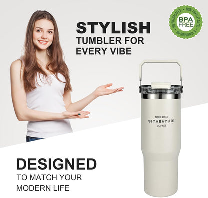 30 oz Insulated Tumbler with Handle and Flip Straw Lid - 100% Leak Proof Stainless Steel Water Bottle - Vacuum Sealed Travel Mug for Iced Coffee & Tea - Cupholder Friendly & BPA Free (Brown)
