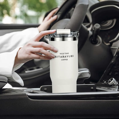 30 oz Insulated Tumbler with Handle and Flip Straw Lid - 100% Leak Proof Stainless Steel Water Bottle - Vacuum Sealed Travel Mug for Iced Coffee & Tea - Cupholder Friendly & BPA Free (Brown)