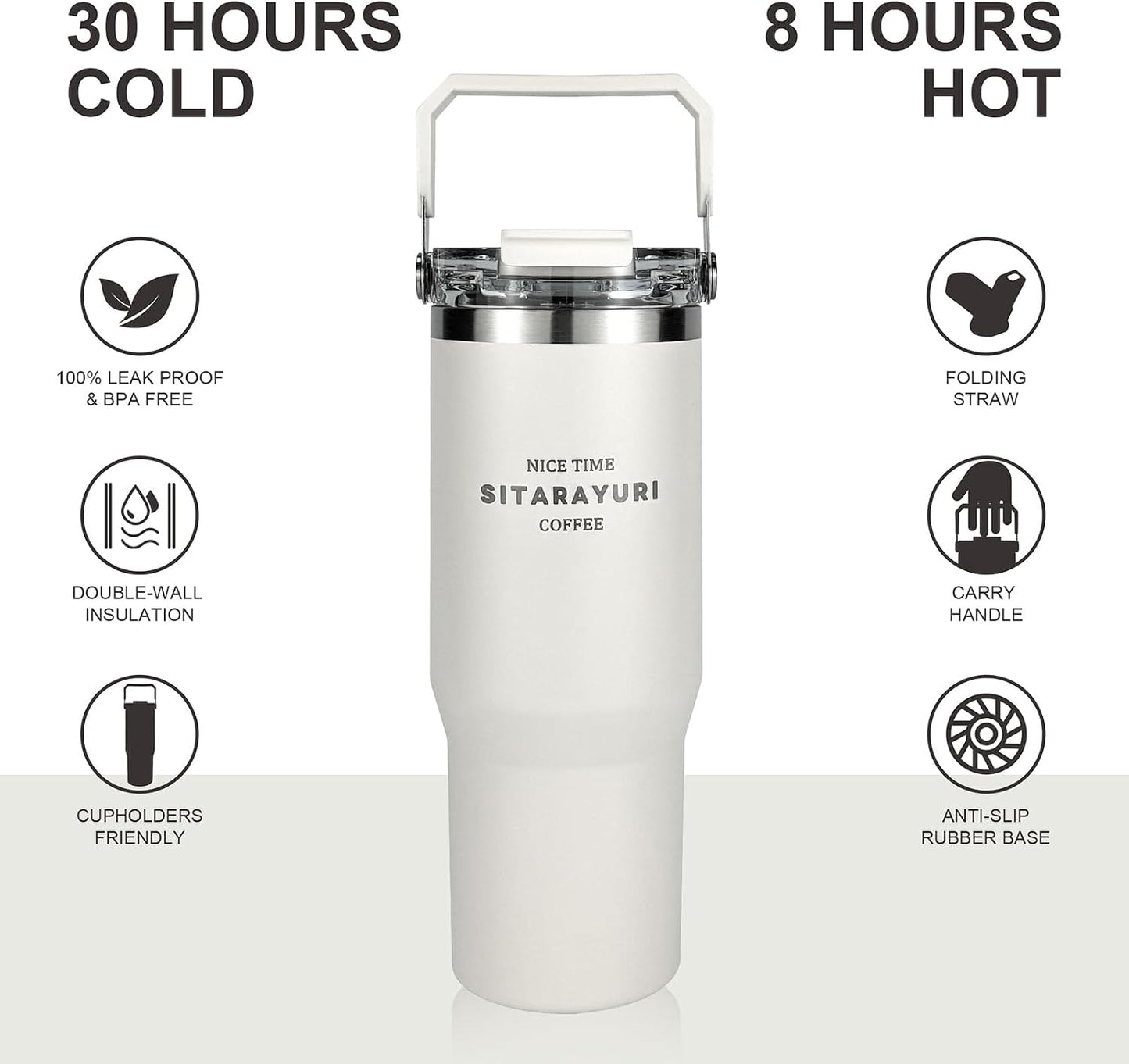 30 oz Insulated Tumbler with Handle and Flip Straw Lid - 100% Leak Proof Stainless Steel Water Bottle - Vacuum Sealed Travel Mug for Iced Coffee & Tea - Cupholder Friendly & BPA Free (Brown)