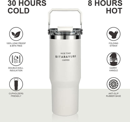 30 oz Insulated Tumbler with Handle and Flip Straw Lid - 100% Leak Proof Stainless Steel Water Bottle - Vacuum Sealed Travel Mug for Iced Coffee & Tea - Cupholder Friendly & BPA Free (Brown)