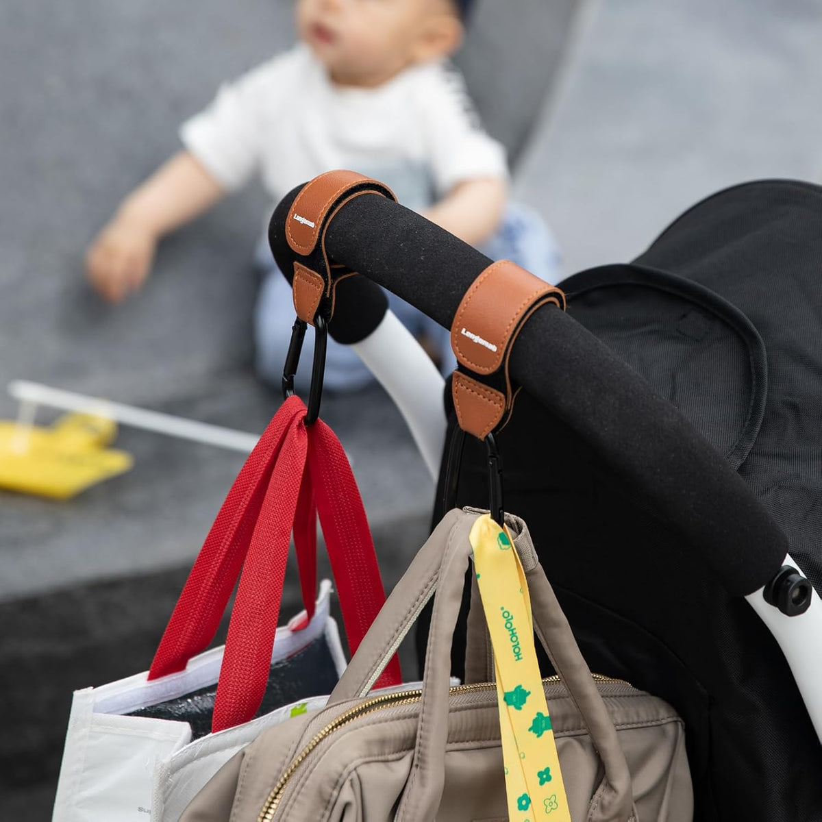 2Pack Brown Stroller Hooks for Bags,Stroller Anti-Slip Hook,Adjustable Stroller Carabiner Clip Bag Hook, Universal Stroller Accessories