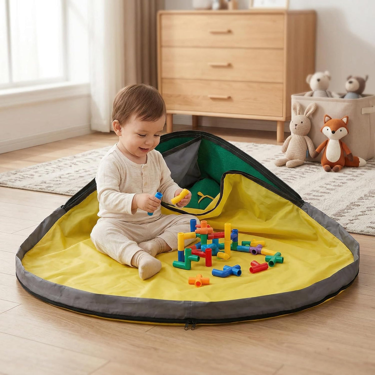 Toy Storage Bin with Play Mat, Large Collapsible Storage Basket for Building Blocks, Stuffed Animals & Toys, Foldable Organizer for Playroom & Bedroom