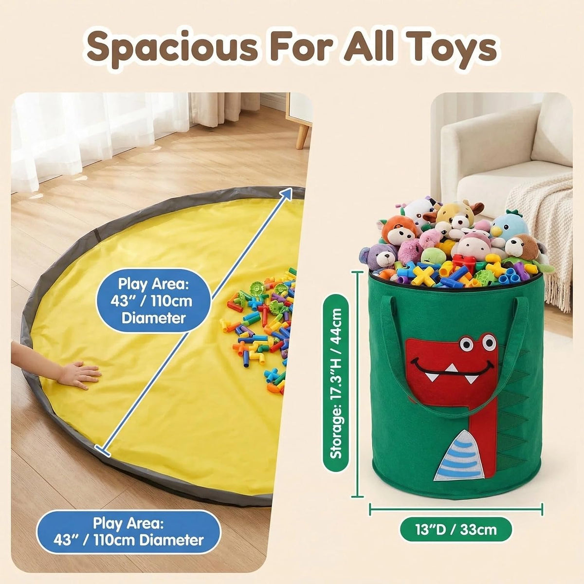 Toy Storage Bin with Play Mat, Large Collapsible Storage Basket for Building Blocks, Stuffed Animals & Toys, Foldable Organizer for Playroom & Bedroom
