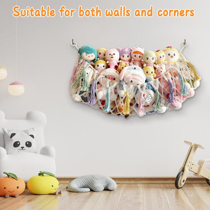 Bohemian Stuffed Animal Hammock, 51" Large Toy Storage Net for Plush Toys, Kids Room & Nursery Wall Hanging Organizer, Macrame Corner Storage, Baby Girl Room Decor Gift.