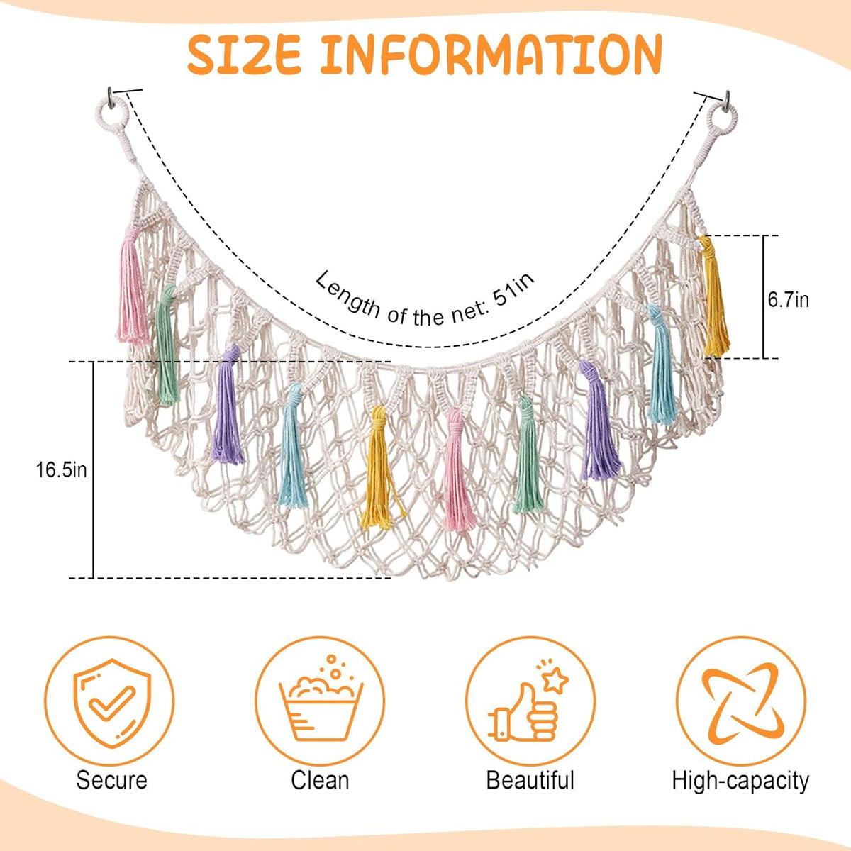 Bohemian Stuffed Animal Hammock, 51" Large Toy Storage Net for Plush Toys, Kids Room & Nursery Wall Hanging Organizer, Macrame Corner Storage, Baby Girl Room Decor Gift.