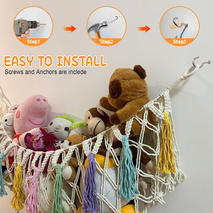 Bohemian Stuffed Animal Hammock, 51" Large Toy Storage Net for Plush Toys, Kids Room & Nursery Wall Hanging Organizer, Macrame Corner Storage, Baby Girl Room Decor Gift.