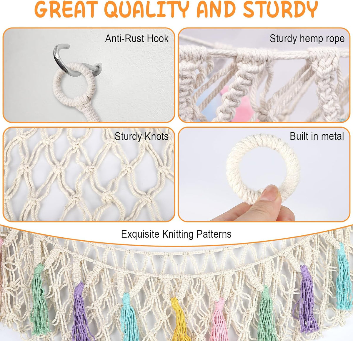 Bohemian Stuffed Animal Hammock, 51" Large Toy Storage Net for Plush Toys, Kids Room & Nursery Wall Hanging Organizer, Macrame Corner Storage, Baby Girl Room Decor Gift.