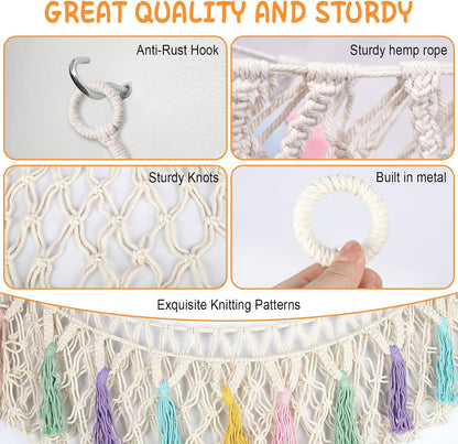 Bohemian Stuffed Animal Hammock, 51" Large Toy Storage Net for Plush Toys, Kids Room & Nursery Wall Hanging Organizer, Macrame Corner Storage, Baby Girl Room Decor Gift.
