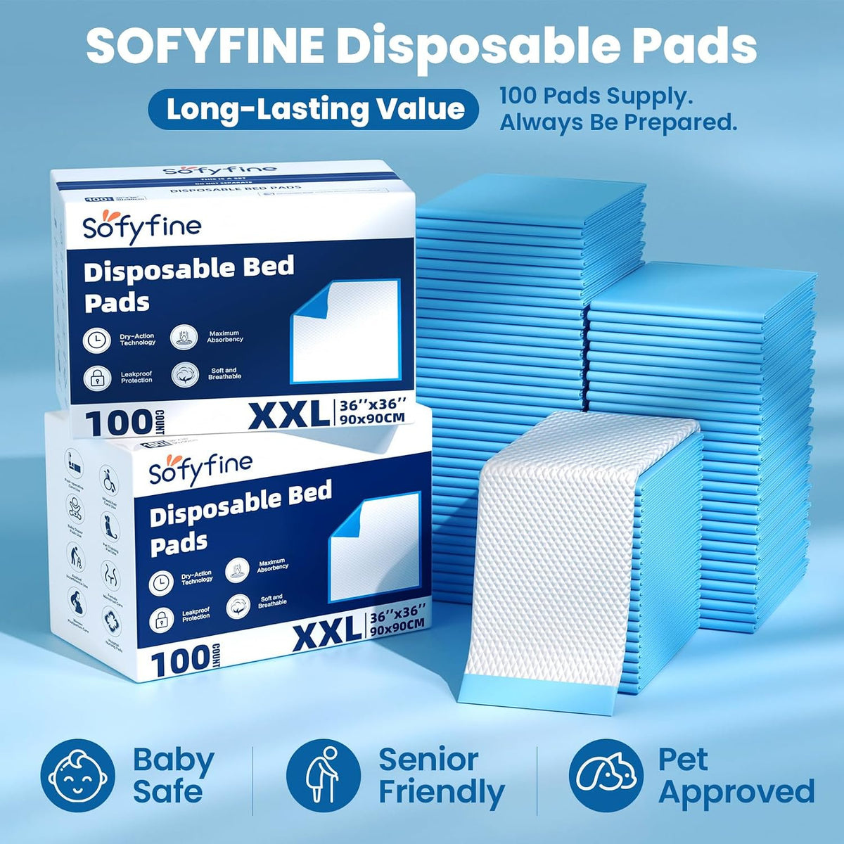 100 Count Disposable Changing Pads for Baby 17" x 24"Portable Changing Diaper Liners for Mess Free Travel, Leakproof Incontinence Bed Pads,Waterproof Table Protector Mat, Toddler Pee Pads
