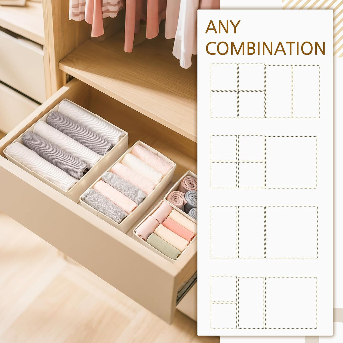 Drawer Organizer for Clothes, Foldable Dresser Dividers with 3 Sizes, Fabric Storage Bins – Beige