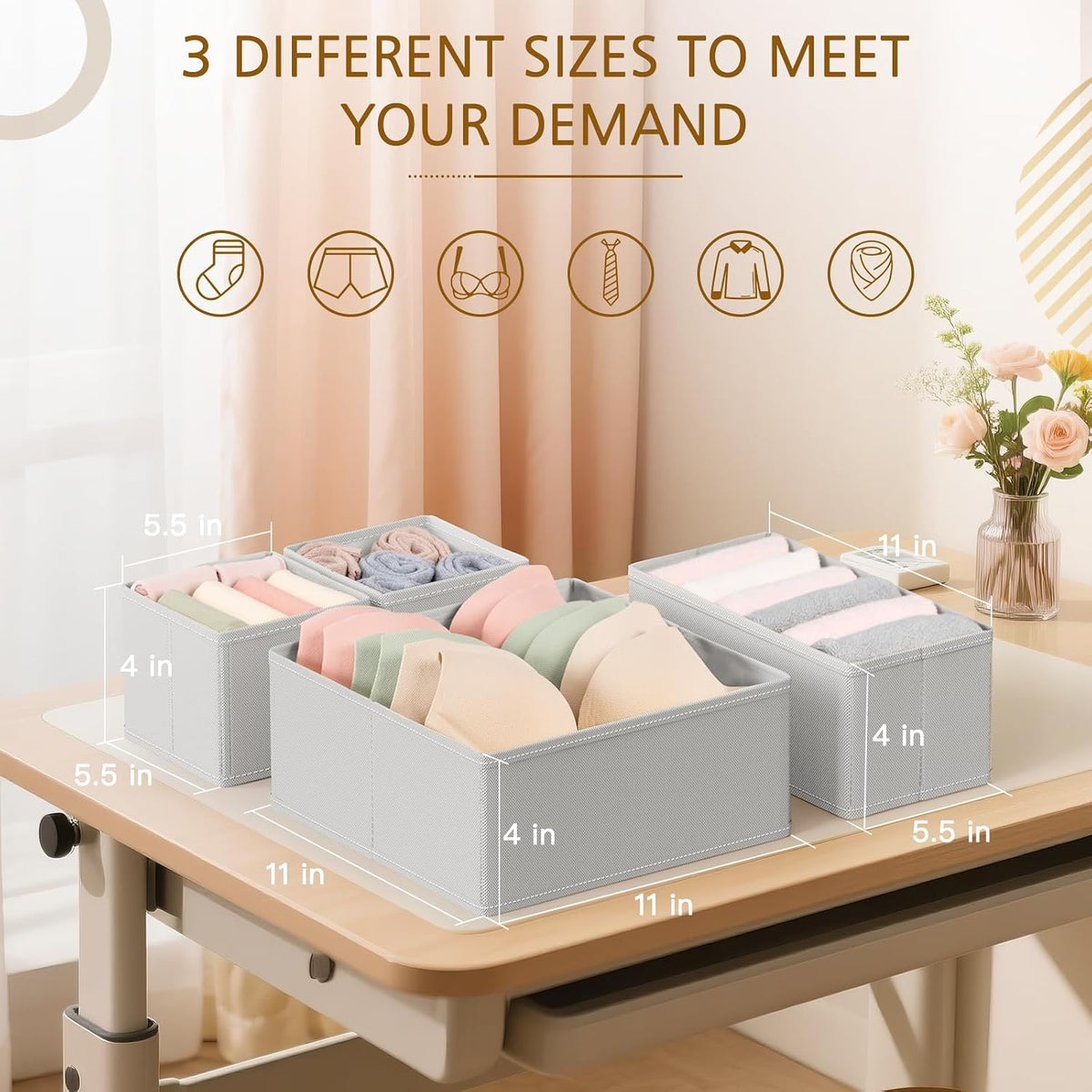 Drawer Organizer for Clothes, Foldable Dresser Dividers with 3 Sizes, Fabric Storage Bins – Beige